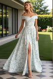 Blue and White Long Flower Prom Dress with Slit