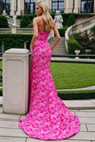 Fuchsia Flower Mermaid Maxi Prom Dress with Slit