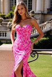 Fuchsia Flower Mermaid Maxi Prom Dress with Slit