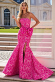 Fuchsia Flower Maxi Mermaid Prom Dress with Bow