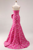Fuchsia Flower Strapless Mermaid Long Prom Dress with Bow