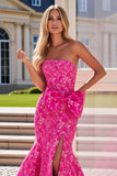 Fuchsia Flower Maxi Mermaid Prom Dress with Bow