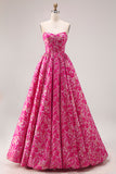 Floral Fuchsia A-Line Strapless Long Corset Prom Dress