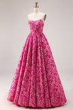 Floral Fuchsia A-Line Strapless Long Corset Prom Dress