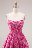 Floral Fuchsia A-Line Strapless Long Corset Prom Dress