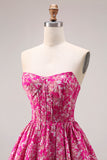 Floral Fuchsia A-Line Strapless Long Corset Prom Dress