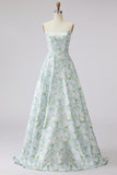 Blue and White Flower A-Line Maxi Prom Dress