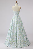 Blue and White Flower A-Line Maxi Prom Dress