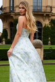 Blue and White Flower A-Line Maxi Prom Dress