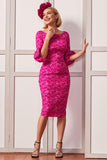 Fuchsia Floral Bodycon Boat Neck Midi Mother of the Bride Dress with Sleeves