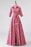 Fuchsia Lapel Neck Long Floral Mother of the Bride Dress with Bow