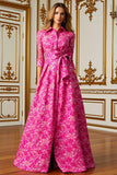 Fuchsia Lapel Neck Long Floral Mother of the Bride Dress with Bow