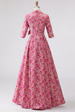 Fuchsia Lapel Neck Long Floral Mother of the Bride Dress with Bow