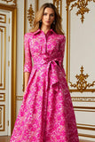 Fuchsia Lapel Neck Long Floral Mother of the Bride Dress with Bow