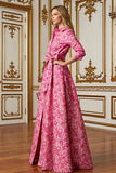 Fuchsia Lapel Neck Long Floral Mother of the Bride Dress with Bow