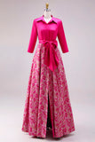 Fuchsia Long Floral Lapel Neck A Line Mother of the Bride Dress with Slit