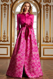 Fuchsia Long Floral Lapel Neck A Line Mother of the Bride Dress with Slit