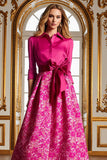 Fuchsia Long Floral Lapel Neck A Line Mother of the Bride Dress with Slit