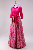 Fuchsia Long Floral Lapel Neck A Line Mother of the Bride Dress with Slit
