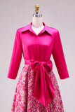 Fuchsia Long Floral Lapel Neck A Line Mother of the Bride Dress with Slit