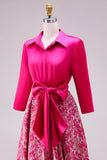 Fuchsia Long Floral Lapel Neck A Line Mother of the Bride Dress with Slit