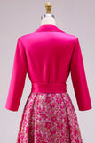 Fuchsia Long Floral Lapel Neck A Line Mother of the Bride Dress with Slit