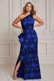 Royal Blue Floral Ruffled Mermaid Maxi Mother of the Bride Dress with Slit