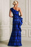 Royal Blue Floral Ruffled Mermaid Maxi Mother of the Bride Dress with Slit