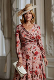 Dusty Rose V Neck Floral Long Mother of the Bride Dress with Sleeves
