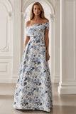 Blue Floral A-Line Off the Shoulder Long Mother of the Bride Dress