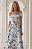Blue Floral A-Line Off the Shoulder Long Mother of the Bride Dress