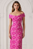 Floral Fuchsia Jacquard Off the Shoulder Sheath Long Mother of the Bride Dress