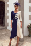 Navy and Ivory Scoop Neck Midi Patchwork Mother of the Bride Dress with Appliques