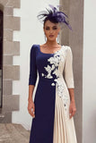 Navy and Ivory Scoop Neck Midi Patchwork Mother of the Bride Dress with Appliques