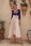Purple V-Neck Pleated Midi Patchwork Mother of the Bride Dress with Sleeves