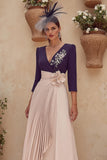 Purple V-Neck Pleated Midi Patchwork Mother of the Bride Dress with Sleeves