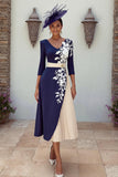 Floral Navy Patchwork Pleated MIdi Mother of the Bride Dress with Appliques