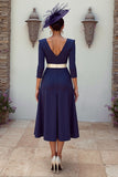 Floral Navy Patchwork Pleated MIdi Mother of the Bride Dress with Appliques