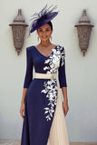 Floral Navy Patchwork Pleated MIdi Mother of the Bride Dress with Appliques