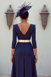 Floral Navy Patchwork Pleated MIdi Mother of the Bride Dress with Appliques