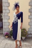 Navy 3/4 Sleeves Bodycon Appliqued Midi Mother of the Bride Dress