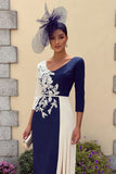 Navy 3/4 Sleeves Bodycon Appliqued Midi Mother of the Bride Dress