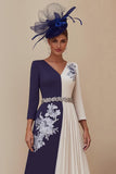 Navy A Line V-Neck Pleated Midi Patchwork Mother of the Bride Dress with Appliques