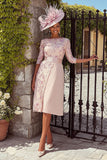 Midi Dusty Rose Bateau Neck Mother of the Bride Dress with Sleeves