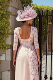 Midi Dusty Rose Bateau Neck Mother of the Bride Dress with Sleeves