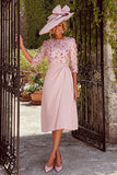 Dusty Rose Midi Crew Neck Ruched Mother of the Bride Dress with Sleeves