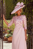 Dusty Rose Midi Crew Neck Ruched Mother of the Bride Dress with Sleeves