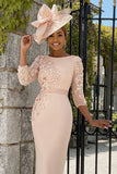Floral Midi Dusty Rose Bodycon Mother of the Bride Dress with Sleeves