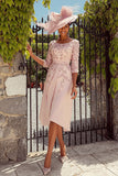 Floral Midi Dusty Rose A-Line Mother of the Bride Dress with Sleeves