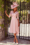 Dusty Rose V-Neck Floral A-Line Midi Mother of the Bride Dress with Sash